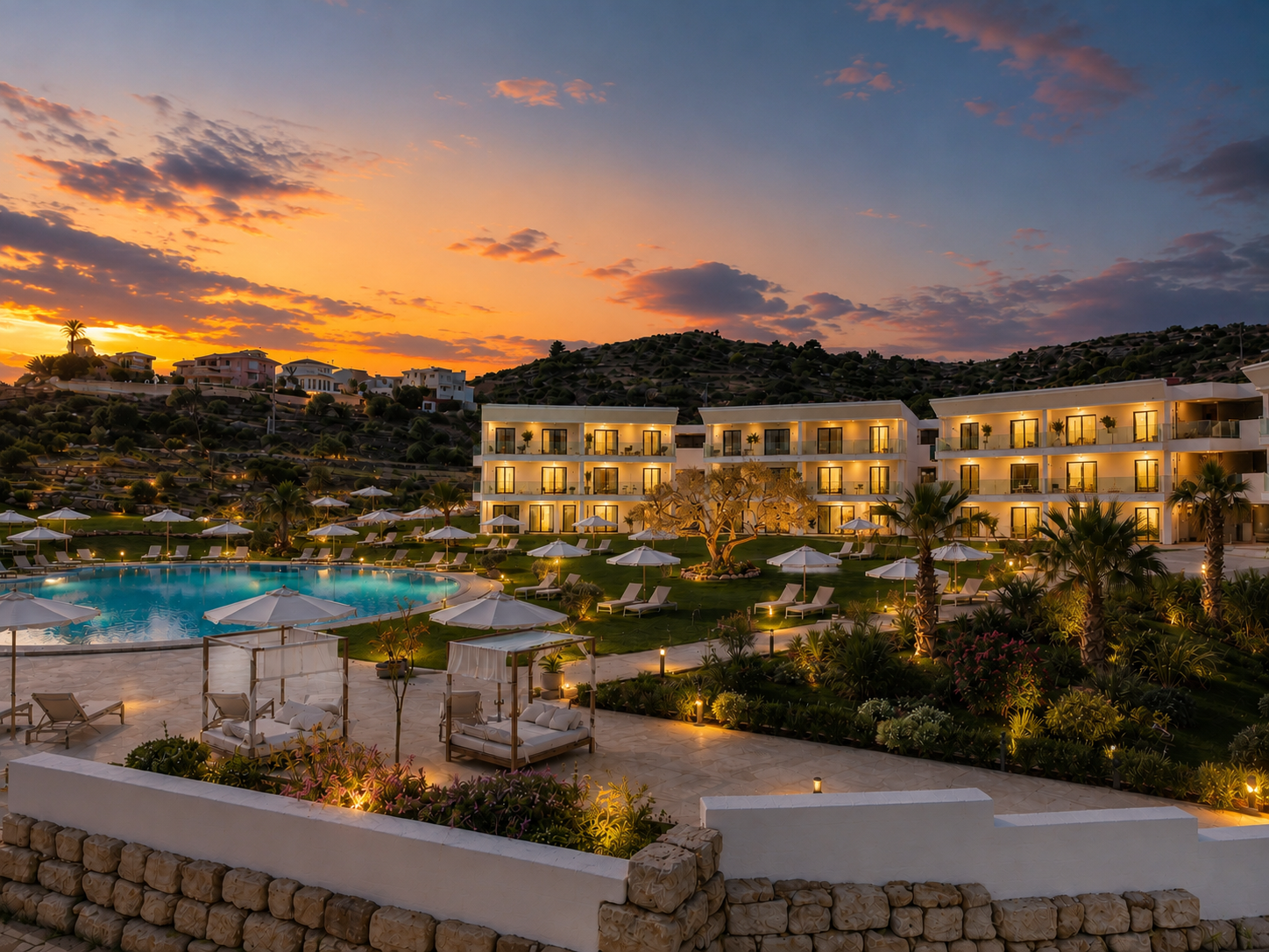 El complejo iluminado al atardecer con piscina y jardines