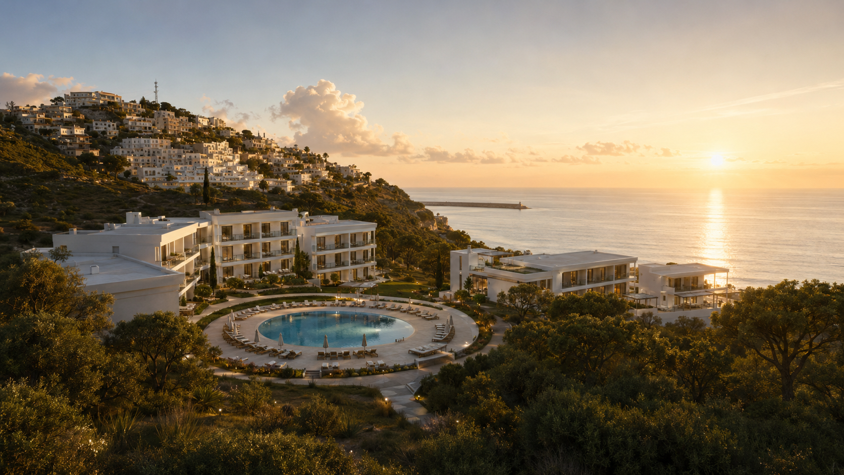 Mirador de Raco Calent al atardecer, con piscina y vistas al Mediterráneo