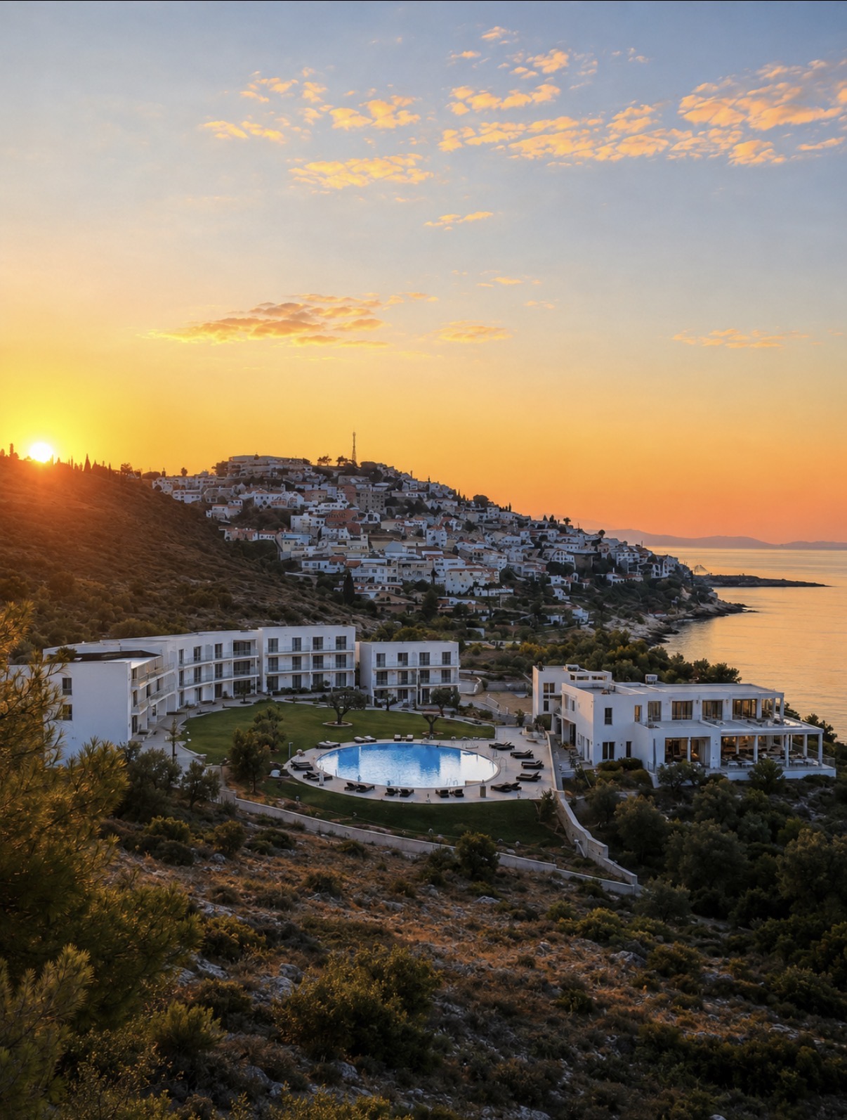 Vista aérea del complejo Mirador de Racó Calent con su piscina y jardines frente a la costa de Peñíscola