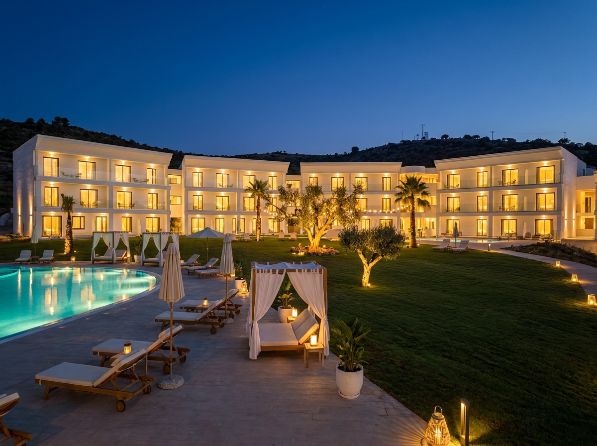 Piscina y jardines iluminados de noche