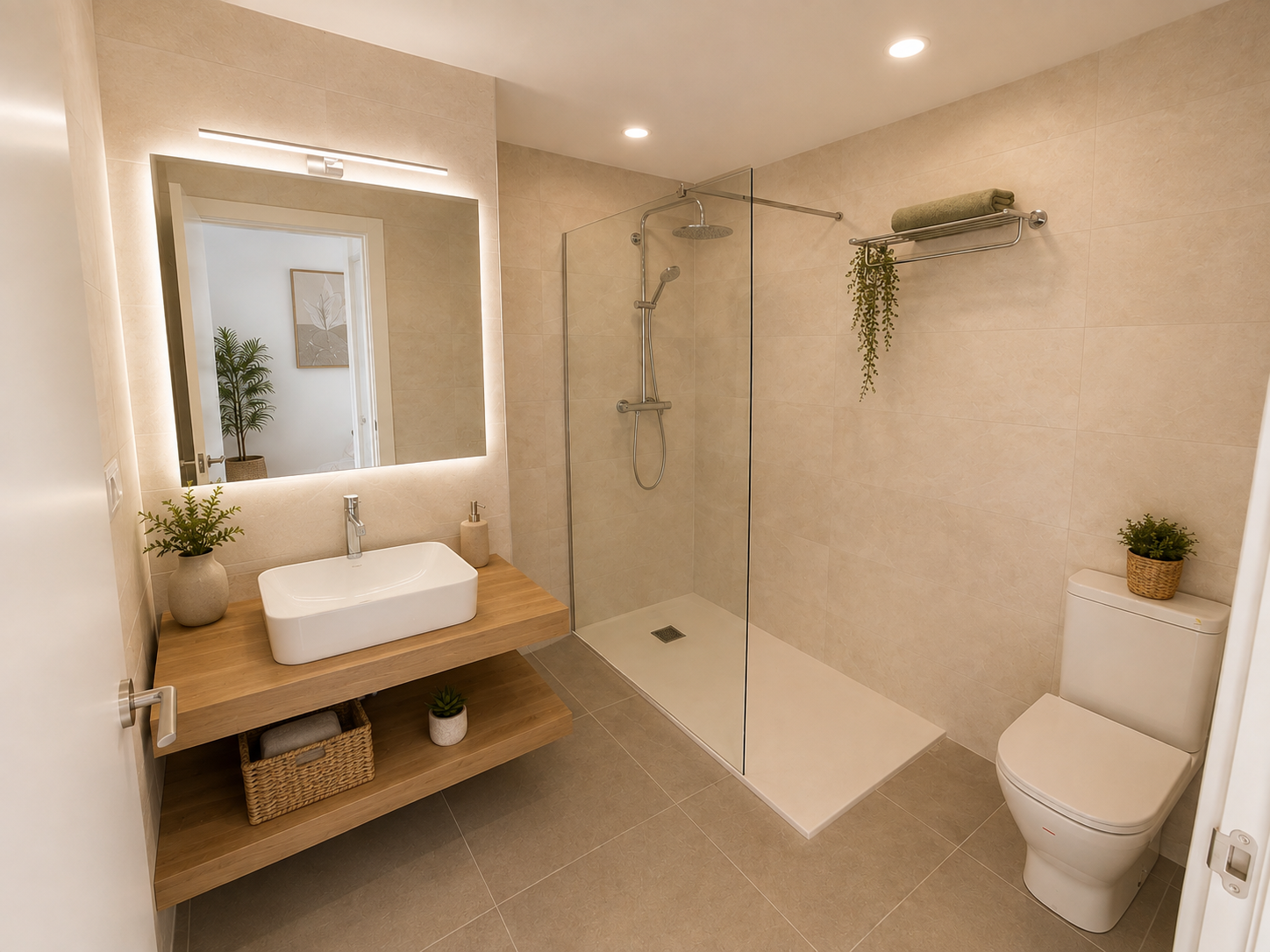 Baño con ducha de obra y mueble de madera