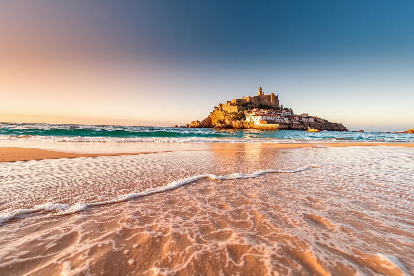 Playa de Peñíscola al atardecer con el castillo al fondo